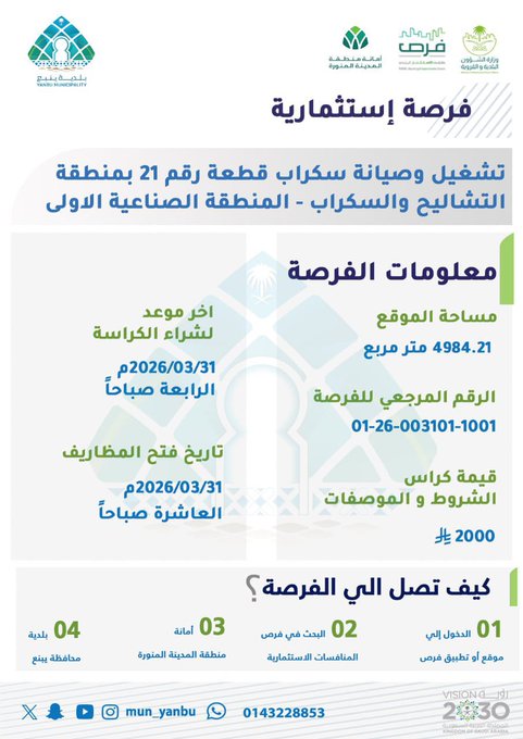 تعلن بلدية محافظة ينبع عن طرح فرصة استثمارية (تشغيل وصيانة تشاليح سيارات)